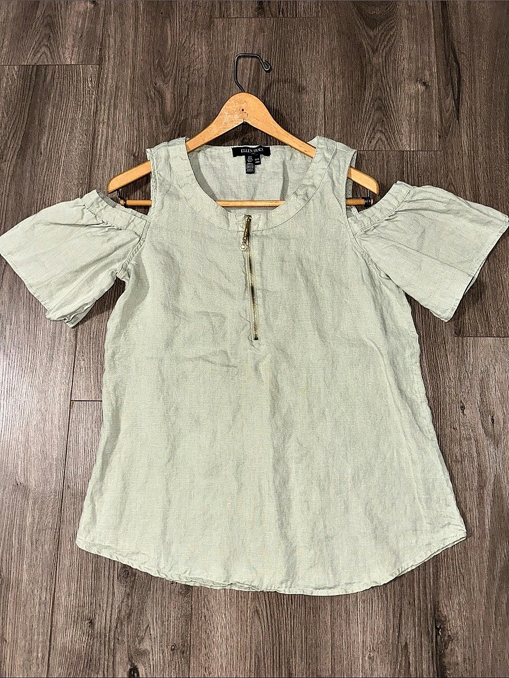 Ellen Tracy Linen Cold Shoulder Blouse in Green Medium 100% Linen